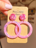 Boucles d'oreilles Jeanne pastille rose paillette fushia et créole rose paillette clair