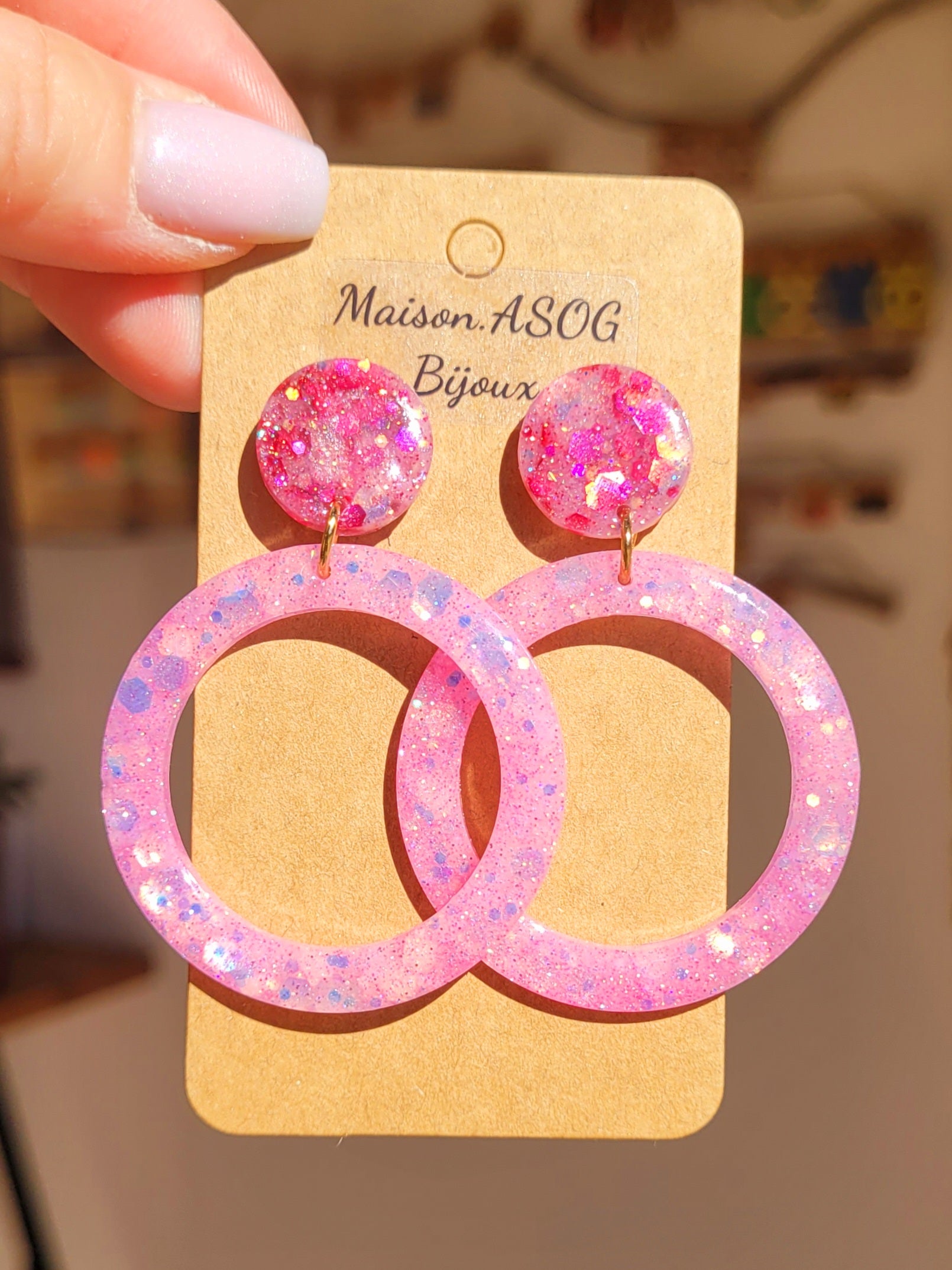 Boucles d'oreilles Jeanne pastille rose paillette fushia et créole rose paillette clair