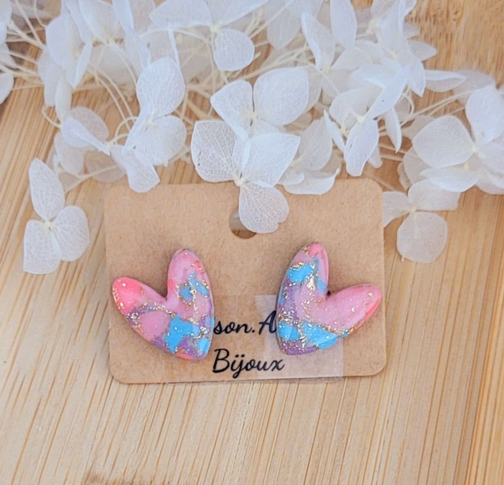 Boucle d'oreilles Mini Love marbré rose bonbon et bleu