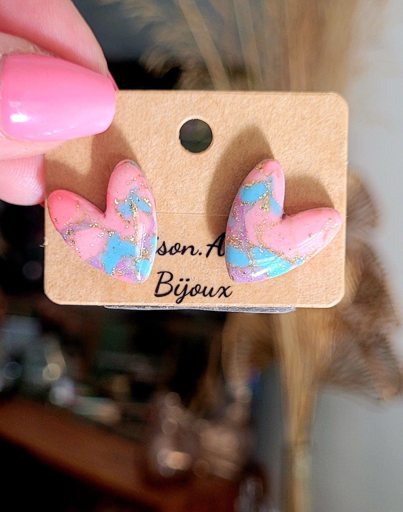 Boucle d'oreilles Mini Love marbré rose bonbon et bleu