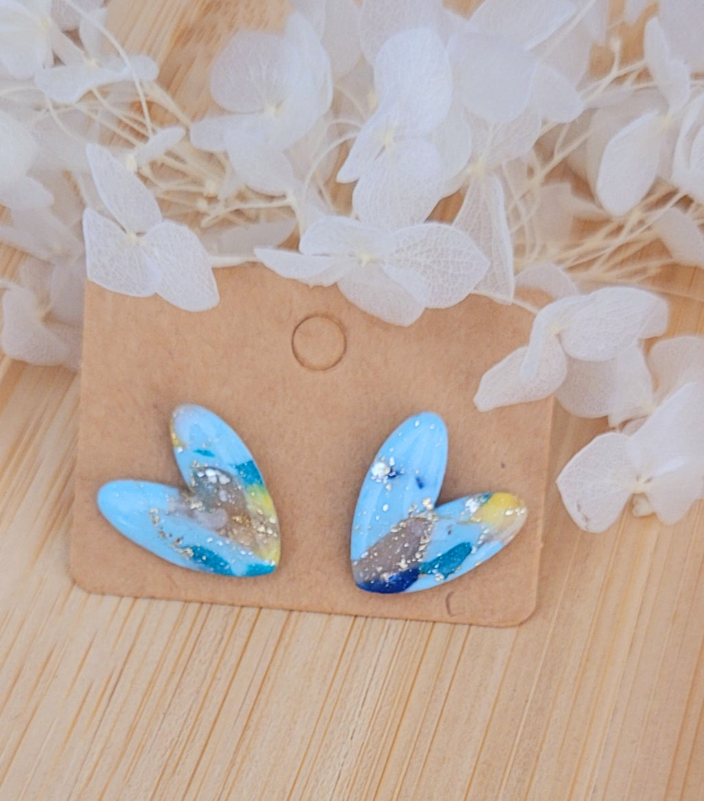 Boucle d'oreilles Mini Love marbré bleu clair et foncé beige jaune et doré