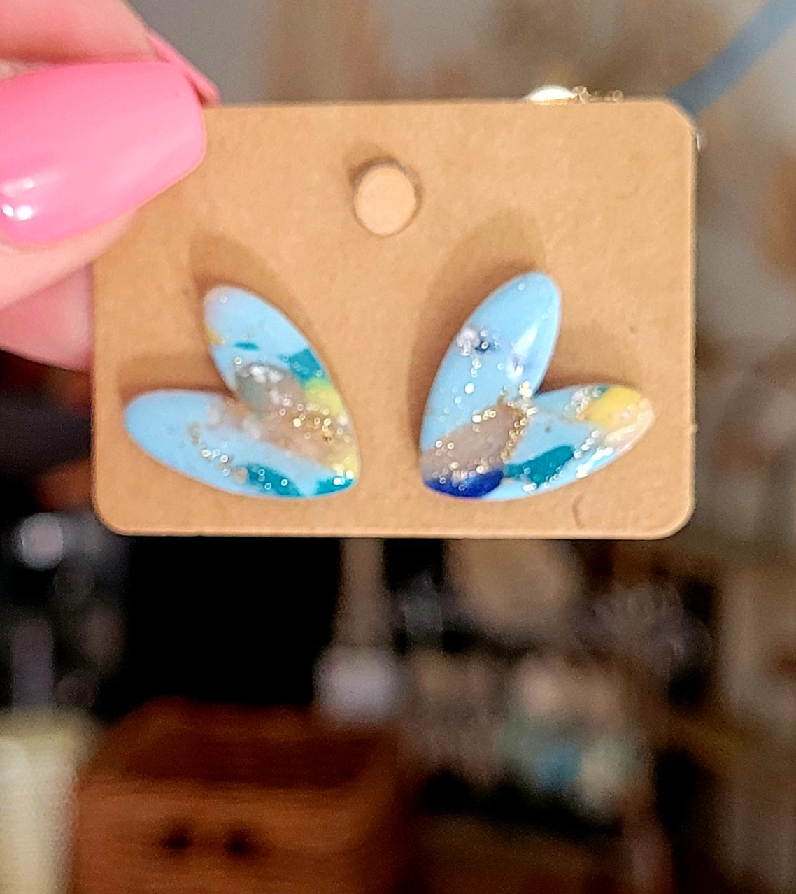Boucle d'oreilles Mini Love marbré bleu clair et foncé beige jaune et doré