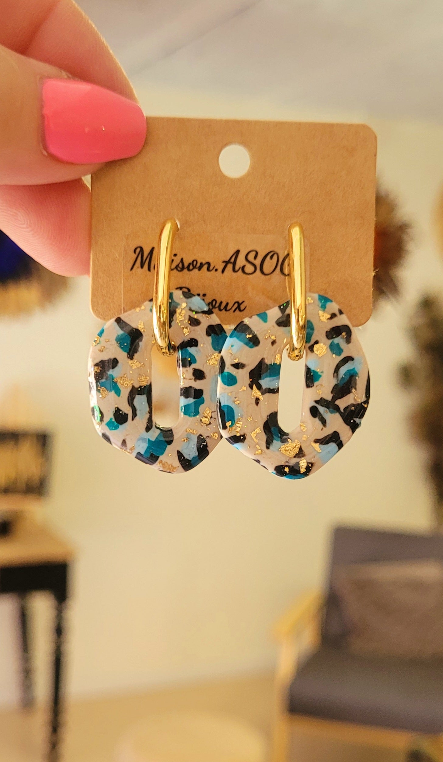 Boucles d'oreilles Créole dorée et pampille Bora réversible léopard bleu azur doré et paillette