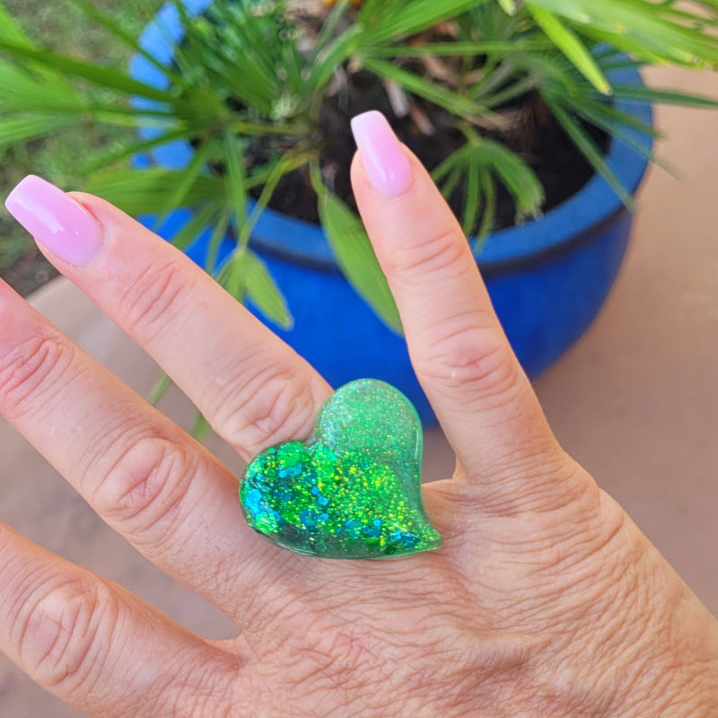 Bague support argenté réglable Anna vert eau pailletée vert et bleu turquoise