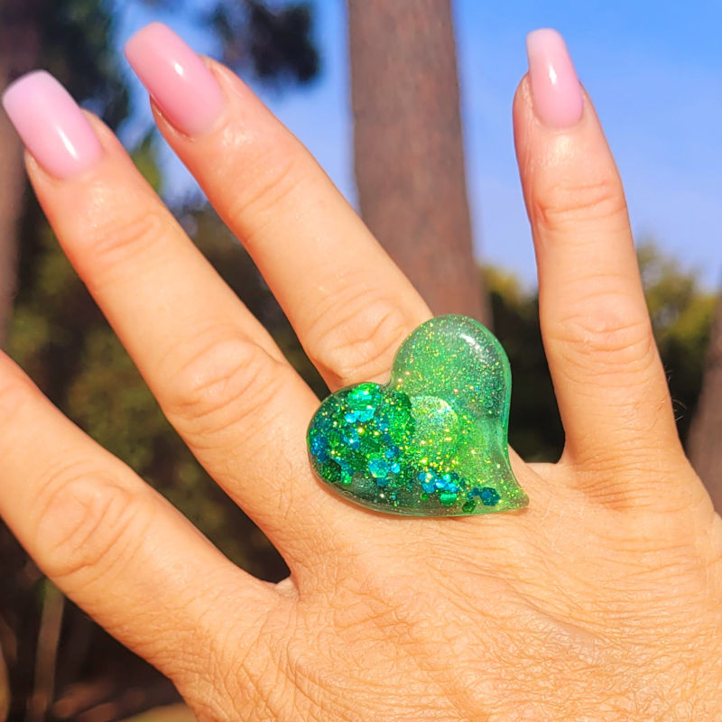 Bague support argenté réglable Anna vert eau pailletée vert et bleu turquoise