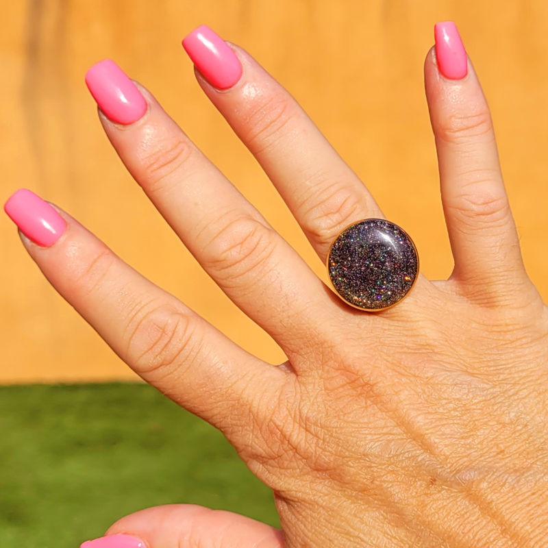 Bague réglable ronde paillette noir holographique