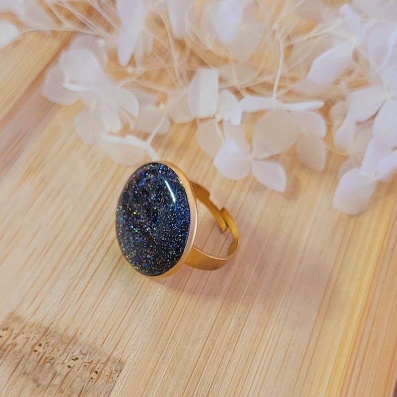 Bague réglable ronde paillette noir holographique