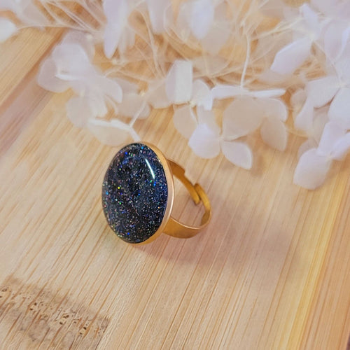 Bague réglable ronde paillette noir holographique