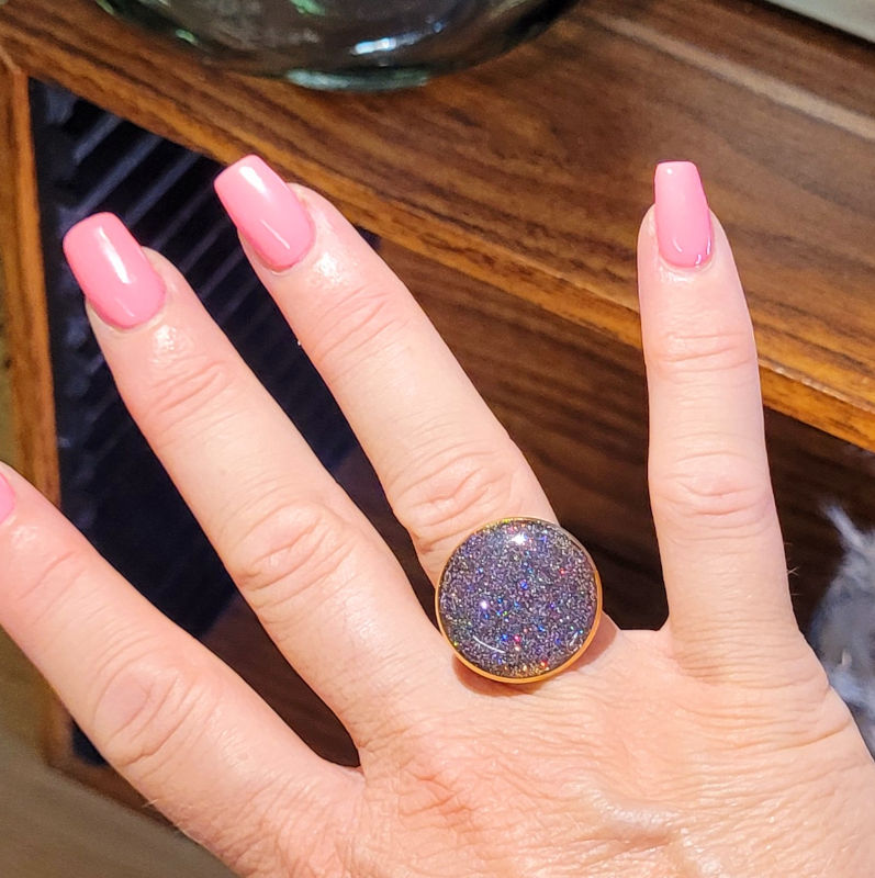 Bague réglable ronde paillette noir holographique