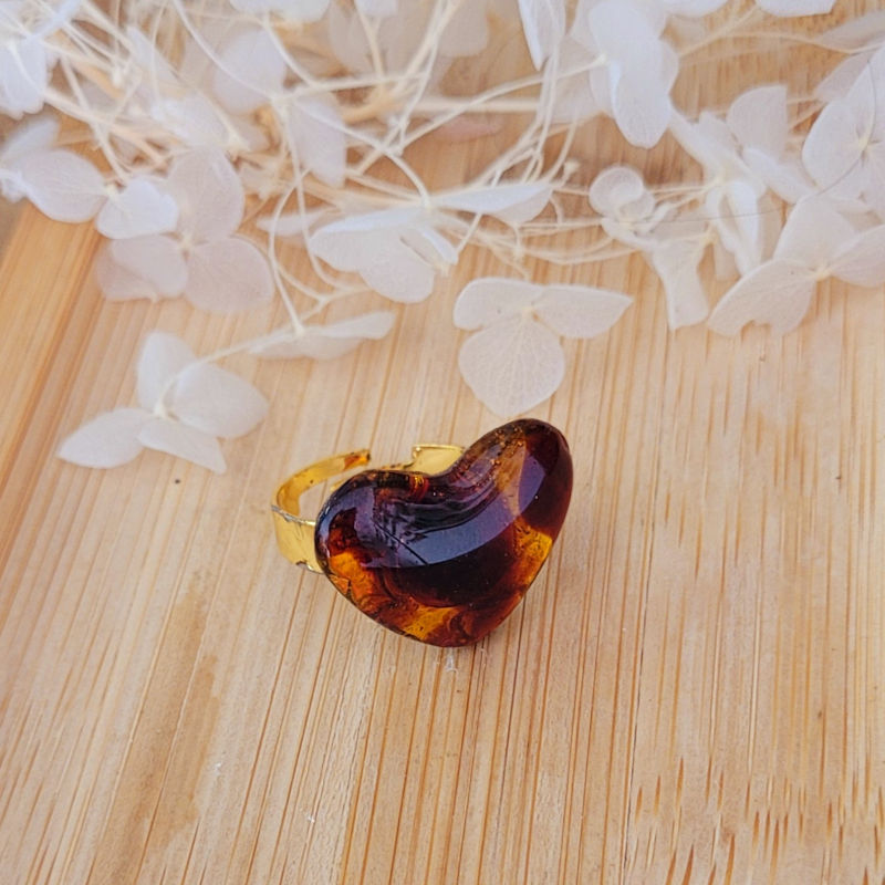 Bague réglable Coeur tortoise marron et caramel
