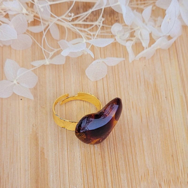 Bague réglable Coeur tortoise marron et caramel