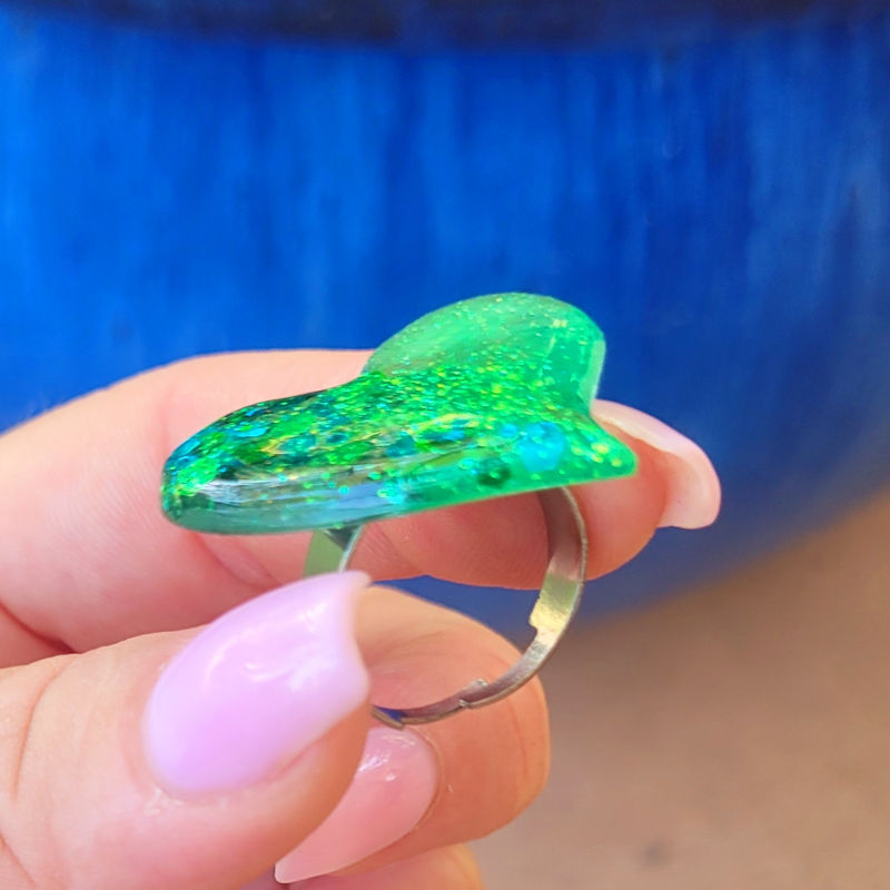 Bague support argenté réglable Anna vert eau pailletée vert et bleu turquoise