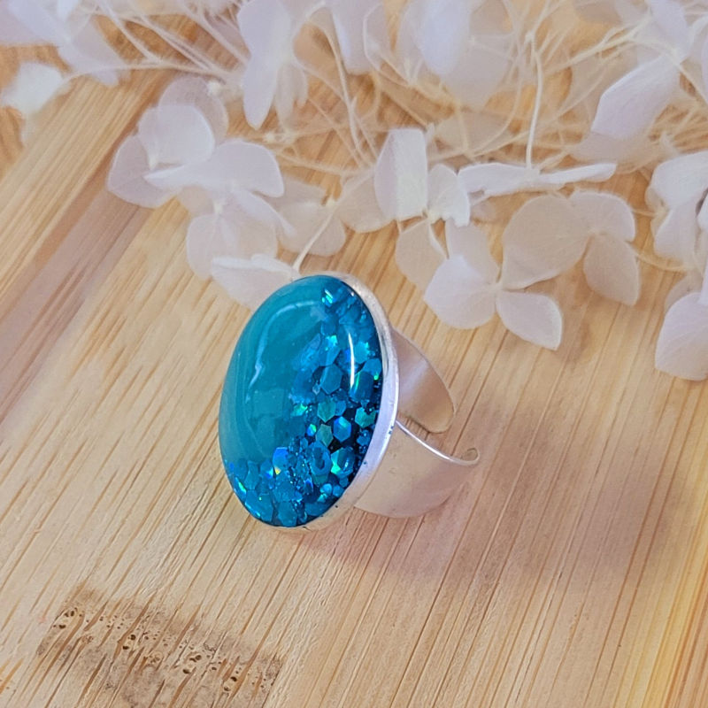 Bague réglable bleu azur et paillette