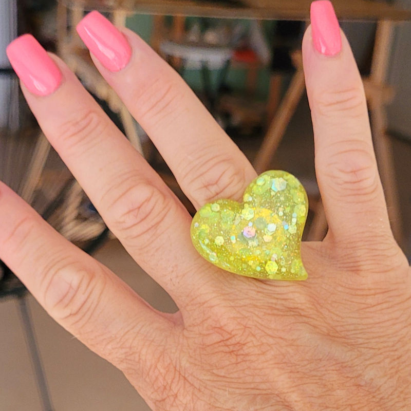 Bague réglable Anna jaune fluo paillette grise holographique