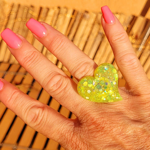 Bague réglable Anna jaune fluo paillette grise holographique