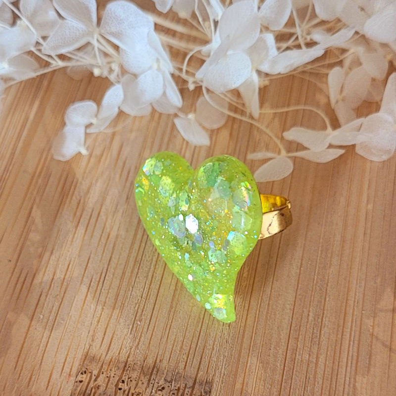 Bague réglable Anna jaune fluo paillette grise holographique