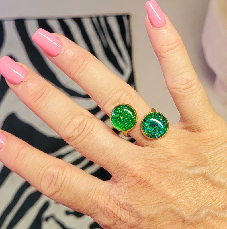 Bague réglable double pastille paillette bleu vert