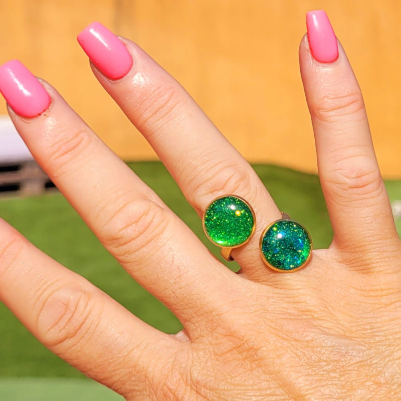 Bague réglable double pastille paillette bleu vert