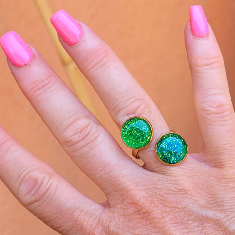 Bague réglable double pastille paillette bleu vert