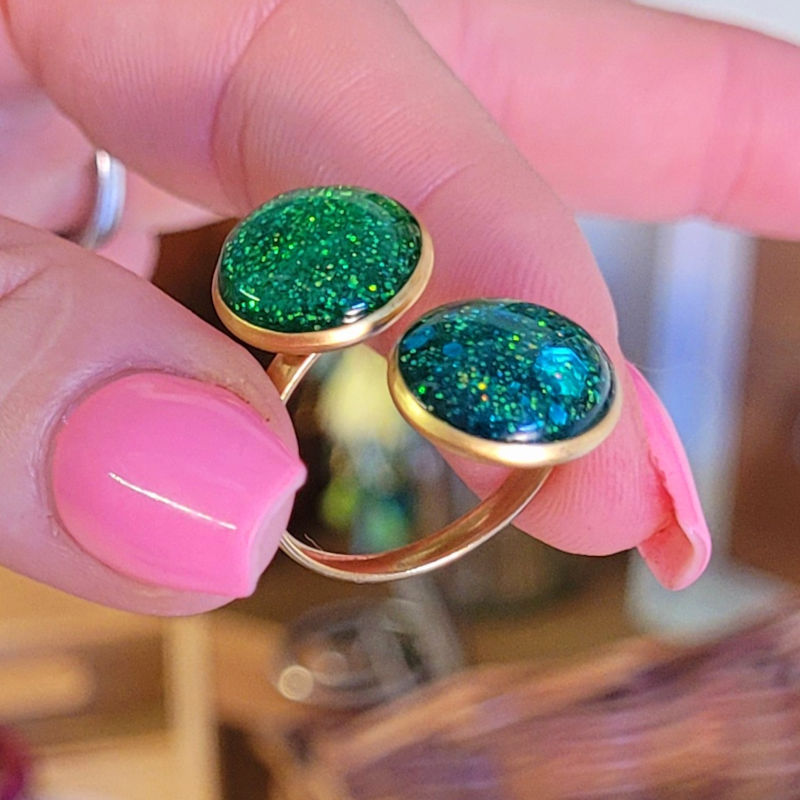 Bague réglable double pastille paillette bleu vert