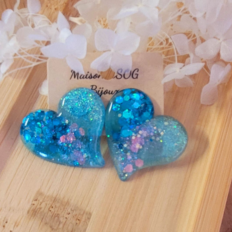 Boucles d'oreilles Anna bleu turquoise paillette grise holographique
