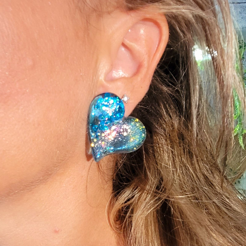 Boucles d'oreilles Anna bleu turquoise paillette grise holographique