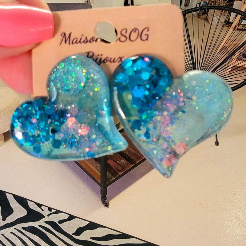 Boucles d'oreilles Anna bleu turquoise paillette grise holographique
