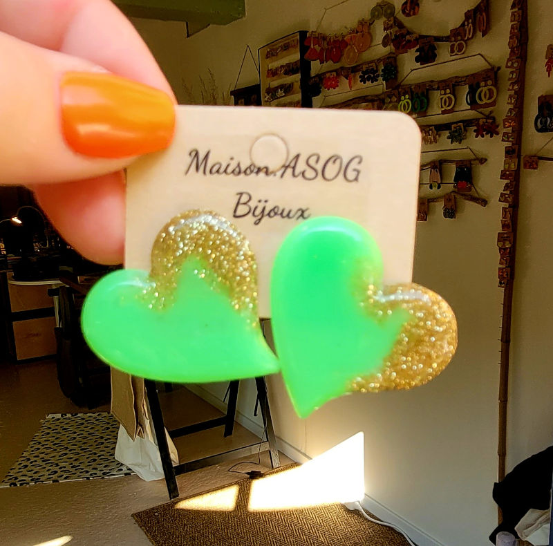 Boucles d'oreilles Anna vert fluo paillette dorée