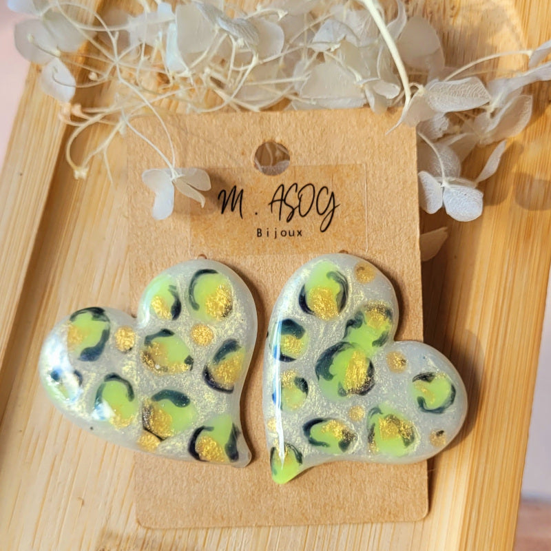 Boucles d'oreille Maxi Anna Léopard jaune fluo blanc nacré et doré