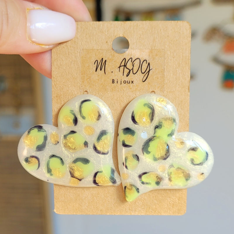 Boucles d'oreille Maxi Anna Léopard jaune fluo blanc nacré et doré