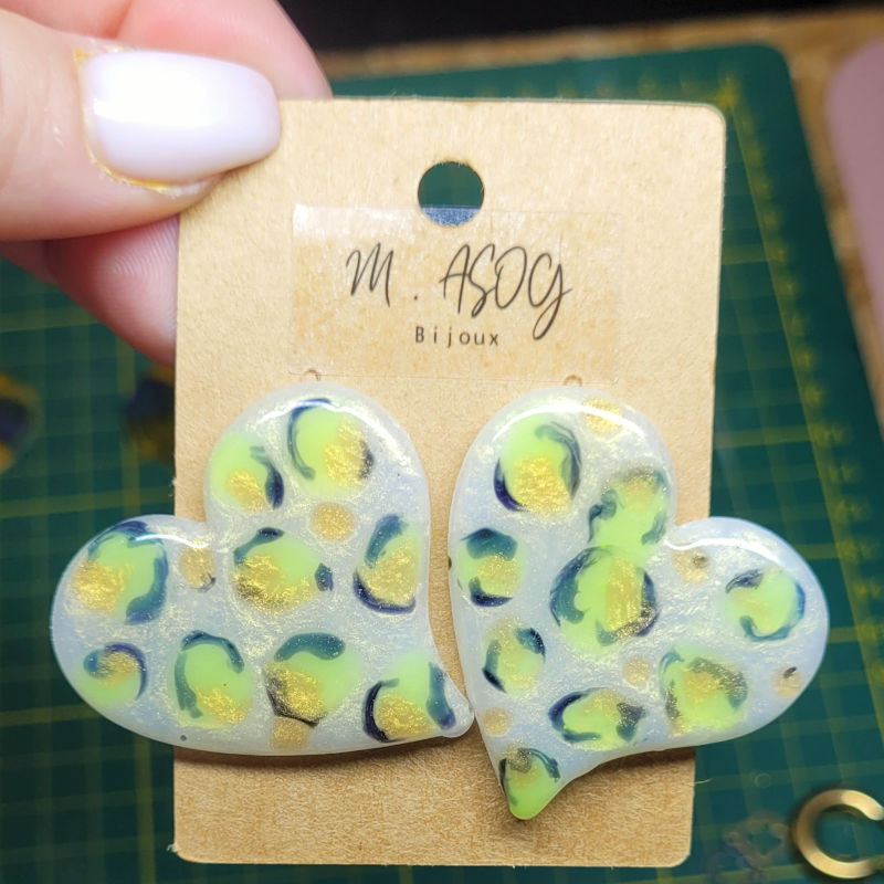 Boucles d'oreille Maxi Anna Léopard jaune fluo blanc nacré et doré
