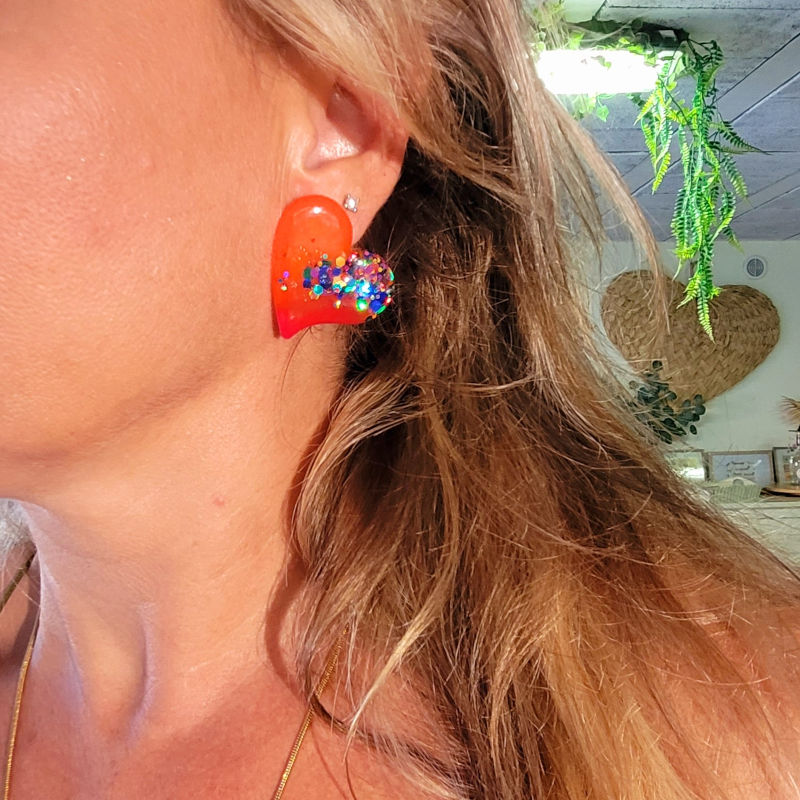 Boucles d'oreilles Anna orange et rose paillette vert et bleu holographique