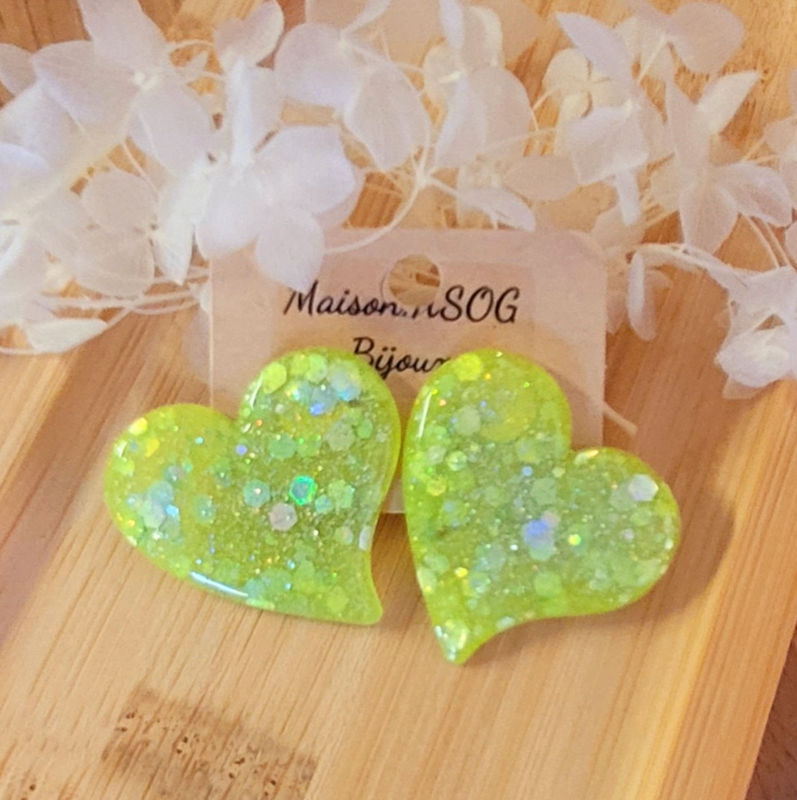 Boucles d'oreilles Anna jaune fluo paillette grise holographique