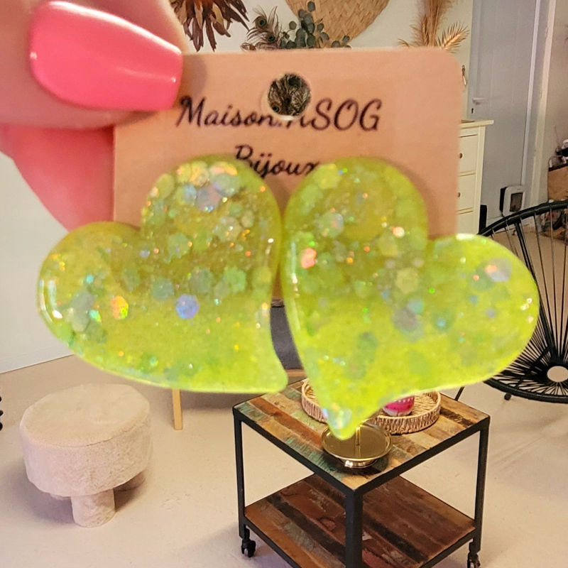Boucles d'oreilles Anna jaune fluo paillette grise holographique