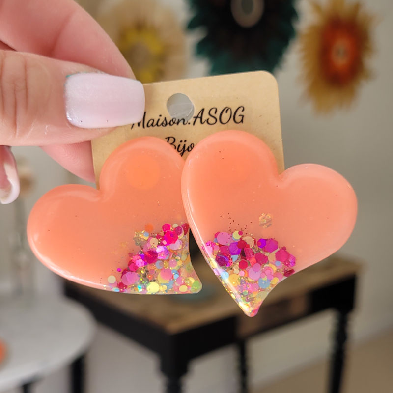 Boucles d'oreilles maxi Anna saumon paillette rose fuschia et dorée holographique