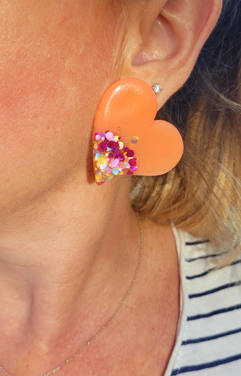 Boucles d'oreilles maxi Anna saumon paillette rose fuschia et dorée holographique