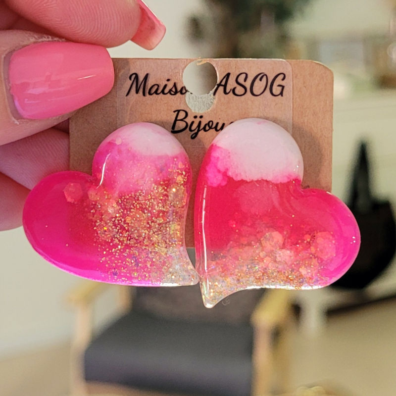 Boucles d'oreilles Anna rose et blanc paillette doré holographique