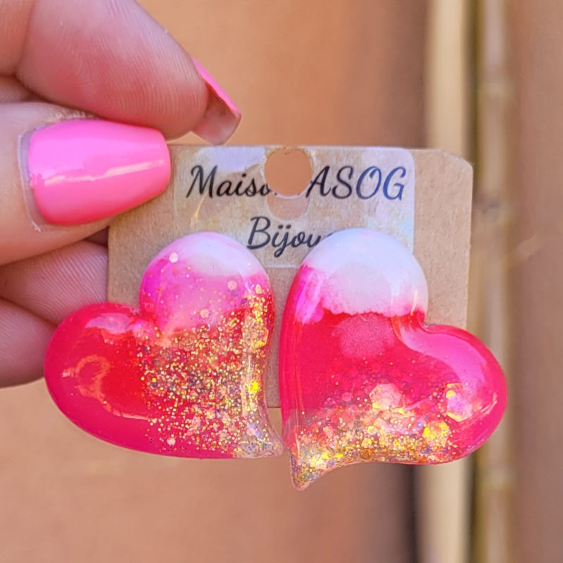 Boucles d'oreilles Anna rose et blanc paillette doré holographique