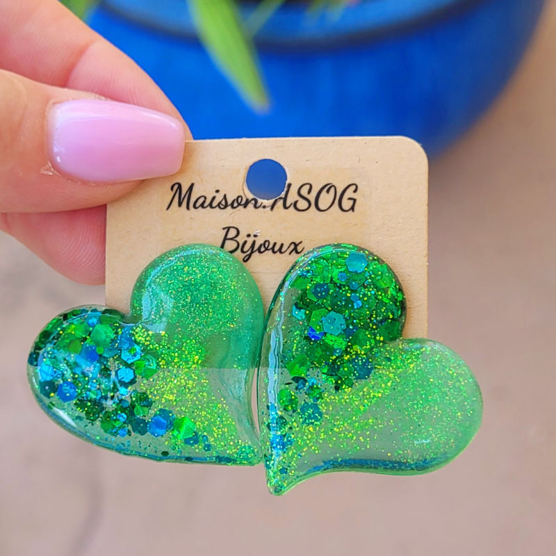 Boucles d'oreilles Anna vert eau pailletée vert et bleu turquoise