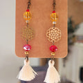 Boucles d'oreilles pendante perle pompon et mini rosace rouge et doré