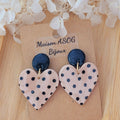 Boucles d'oreilles Cathie pastille noire et coeur à pois noir