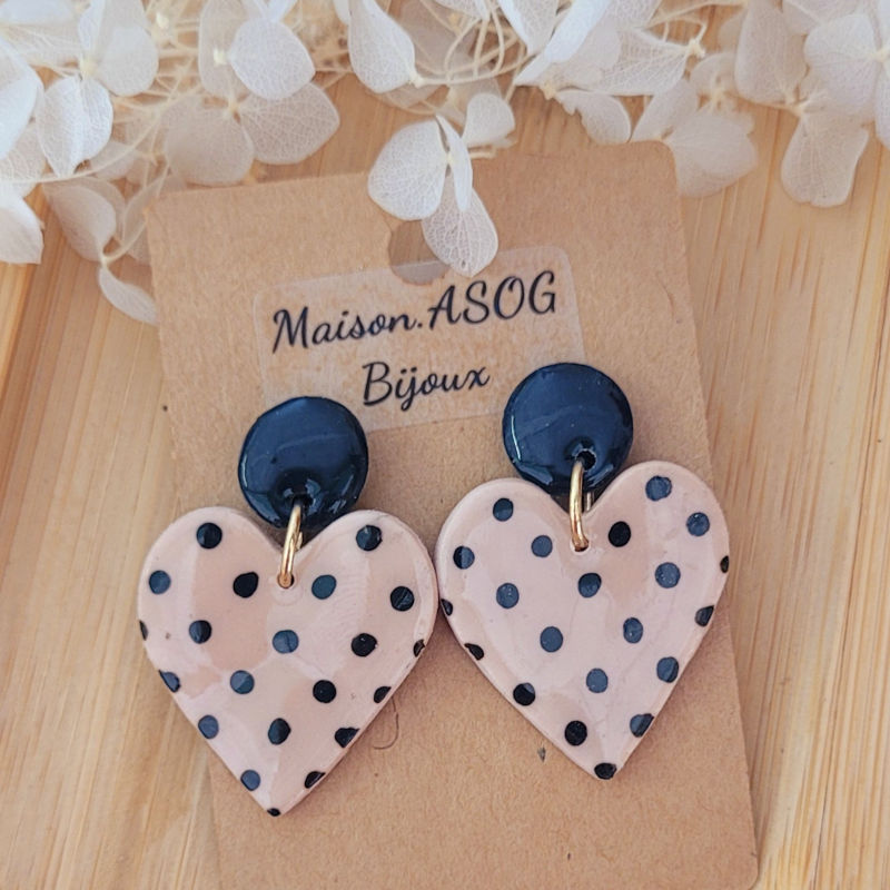 Boucles d'oreilles Cathie pastille noire et coeur à pois noir