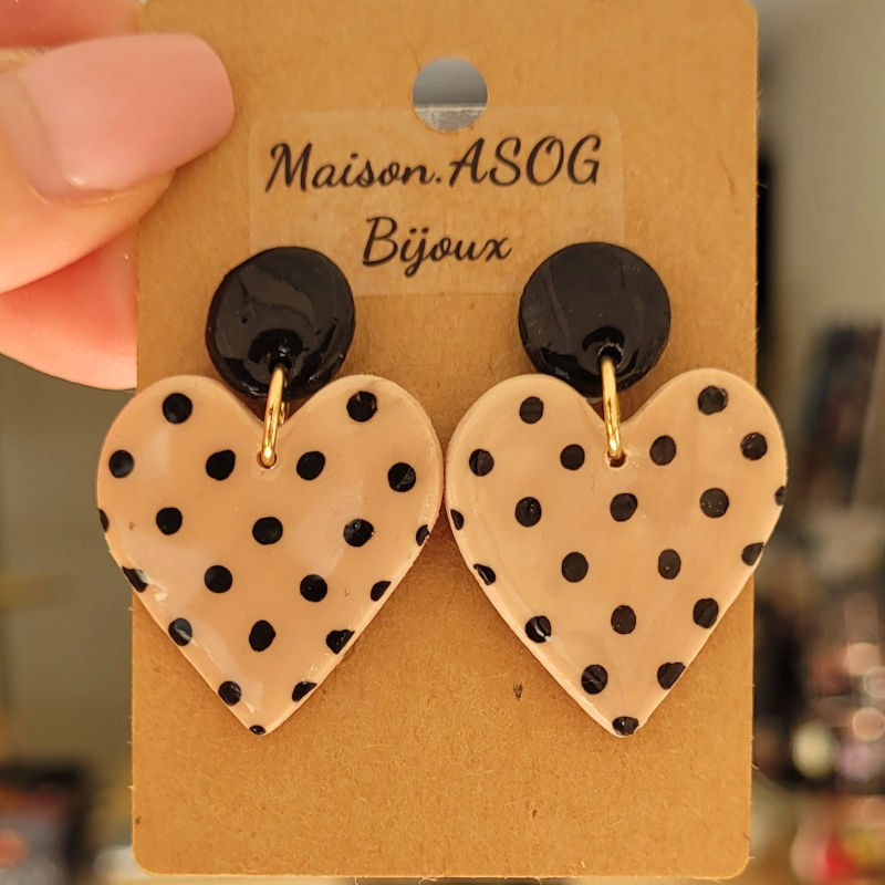 Boucles d'oreilles Cathie pastille noire et coeur à pois noir