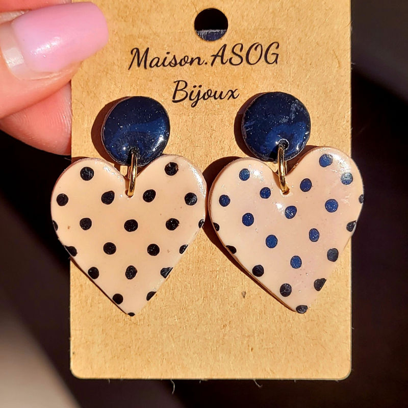 Boucles d'oreilles Cathie pastille noire et coeur à pois noir