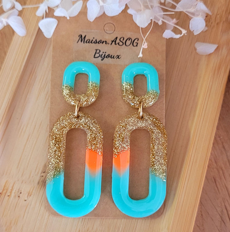 Boucles d'oreilles Chloé fluo bleu orange paillette dorée