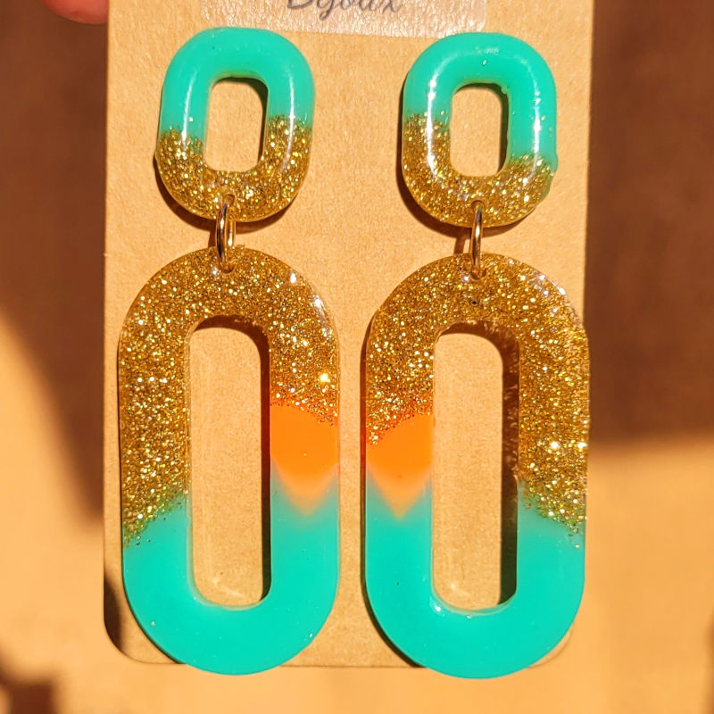 Boucles d'oreilles Chloé fluo bleu orange paillette dorée