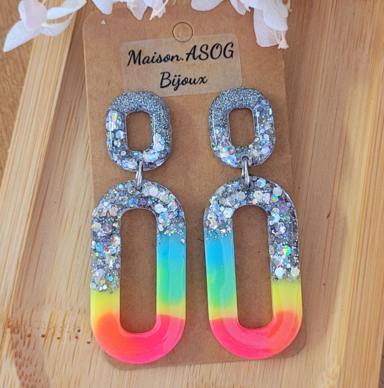 Boucles d'oreilles Chloé fluo multicolore paillette argentée holographique