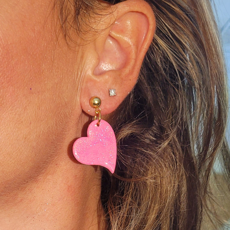 Boucle d'oreille clou boule doré Anna pailleté rose bonbon