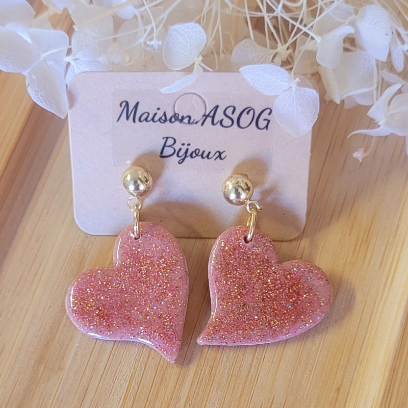 Boucle d'oreille clou boule doré Anna rose pailleté rosé cuivré