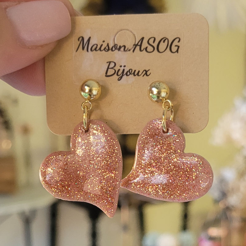 Boucle d'oreille clou boule doré Anna rose pailleté rosé cuivré
